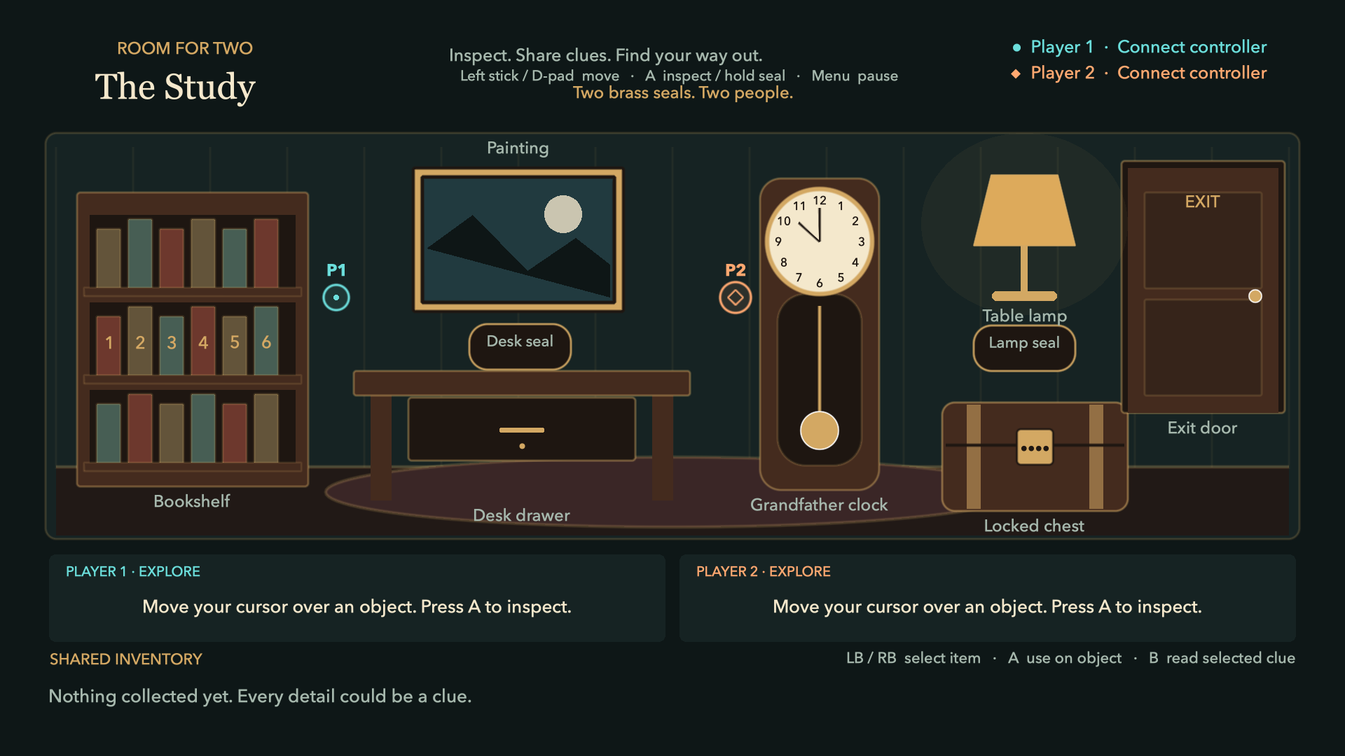 The Study: a warm, dim room with a bookshelf, painting, desk, grandfather clock, lamp, locked chest, and exit door.